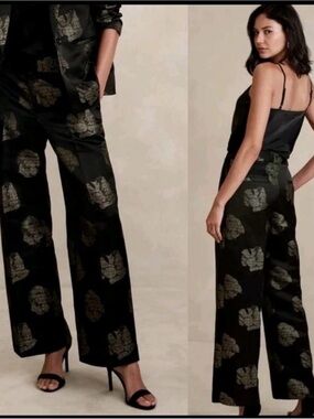 Banana republic 
Wide-Leg Metallic Floral Print Pants - Black & Gold